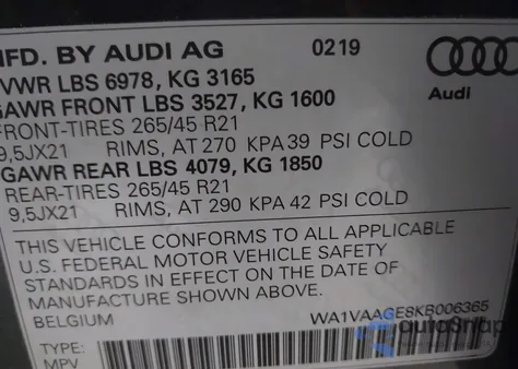 2019 Audi E-Tron Premium Plus z USA, uszkodzony, nr VIN WA1VAAGE8KB006365